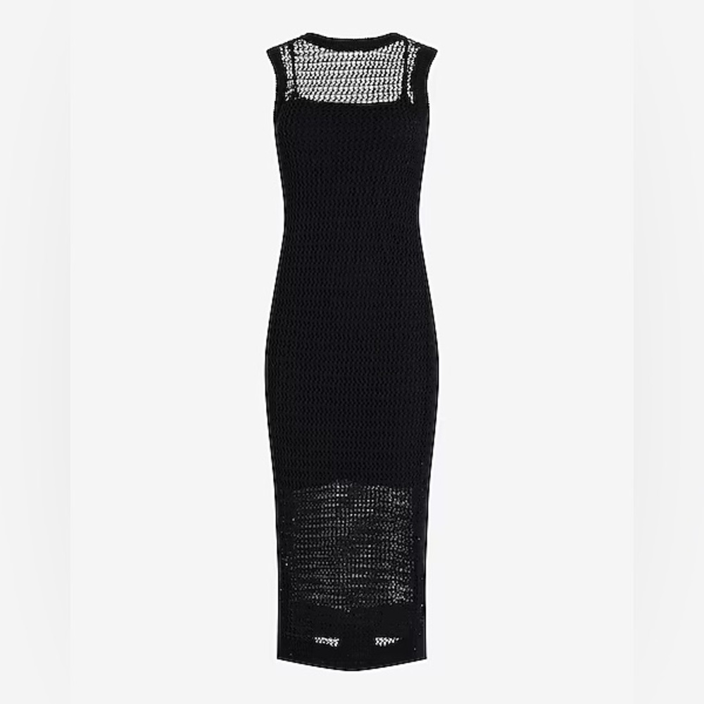 Express Linen-Blend Crochet Black High Neck Sleeveless Midi Dress Women’s XS